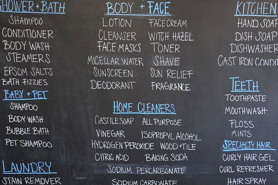 A black chalkboard listing handwritten categories and product names for personal care, including shower and bath items, body and face products, kitchen items, laundry items, baby and pet items, oils, teeth care, and hair care.