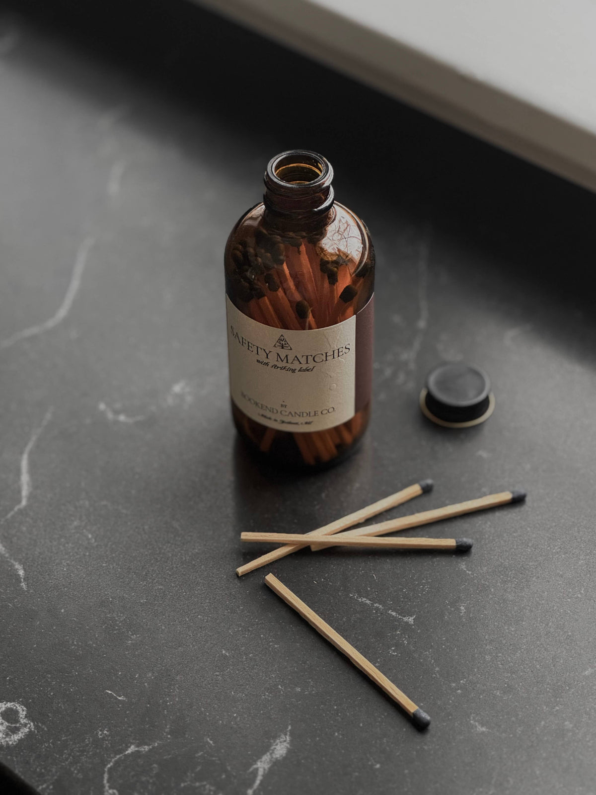 Safety Matches - Custom Label - Amber Glass Jar with Striker
