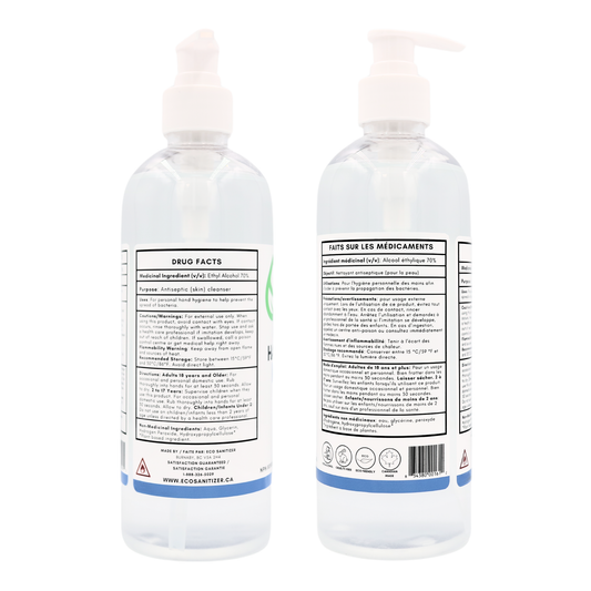 Two clear plastic pump bottles of hand sanitizer shown side by side on a white background, displaying the front and back labels.