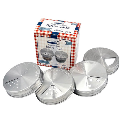Set of four stainless steel mason jar spice lids with varying spouts.